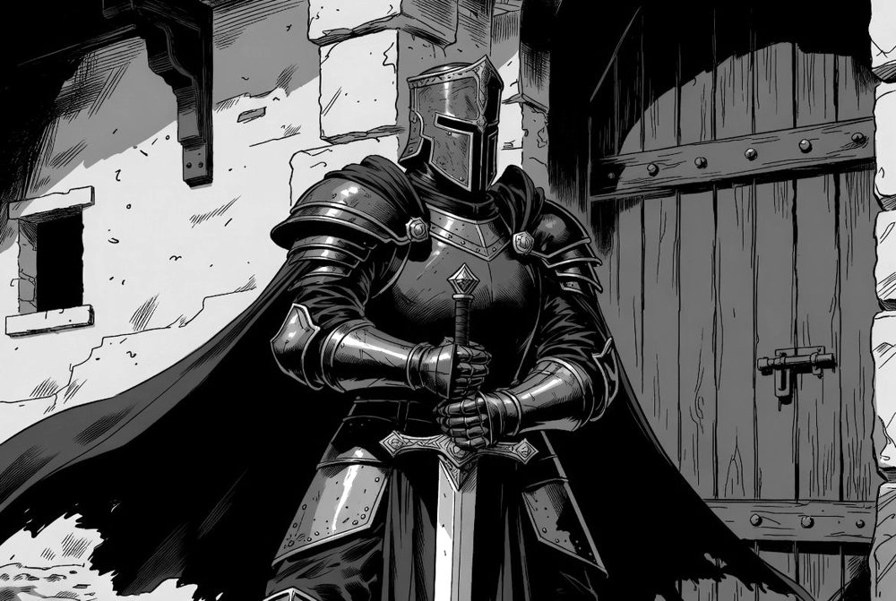Greyscale illustration of an armoured knight standing before a heavy wooden door