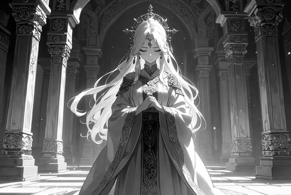 Greyscale illustration of a pale-haired priestess in a pillared temple